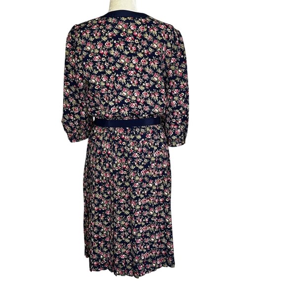 Vintage 80s Floral Belted Midi Dress Navy Pink Long Sleeve Sz 14 - Picture 4 of 11